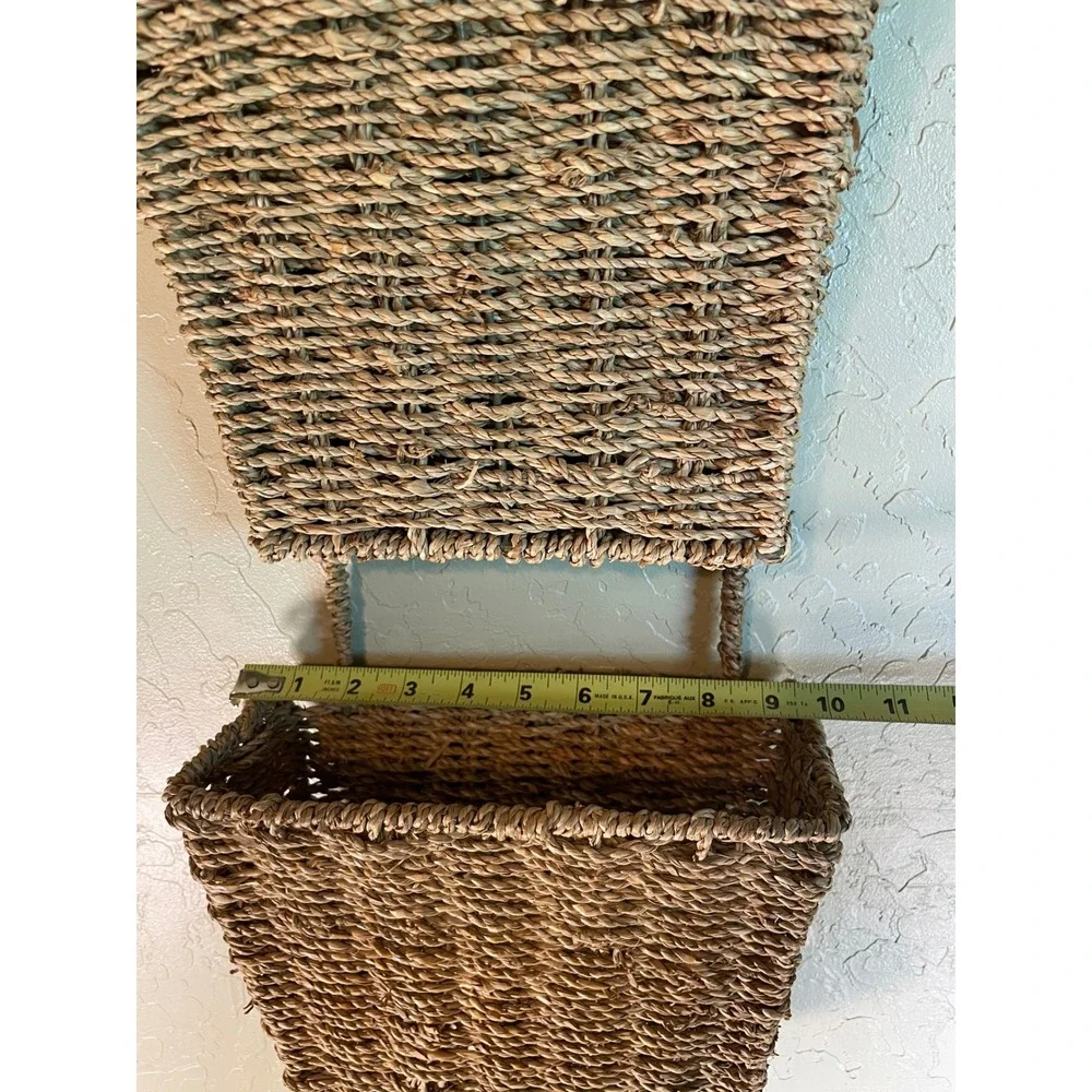 Vintage Woven Seagrass 2 Tier Wall Hanging Basket Organizer Natural Boho Storage